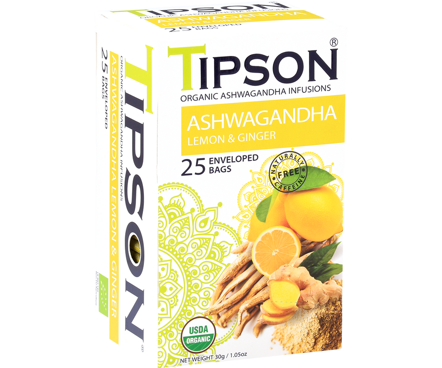 Tipson Organic Ashwagandha With Lemon And Ginger Infusion Tea, 25 Count Tea Bags