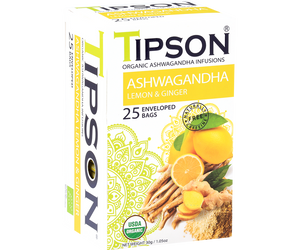 Tipson Organic Ashwagandha With Lemon And Ginger Infusion Tea, 25 Count Tea Bags