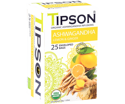 Tipson Organic Ashwagandha With Lemon And Ginger Infusion Tea, 25 Count Tea Bags