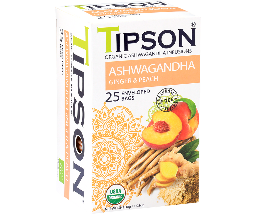 Tipson Organic Ashwagandha With Ginger And Peach Infusion Tea, 25 Count Tea Bags