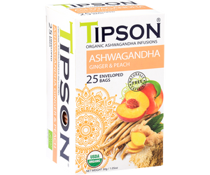 Tipson Organic Ashwagandha With Ginger And Peach Infusion Tea, 25 Count Tea Bags