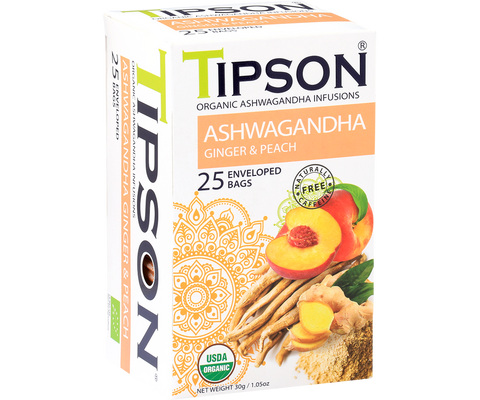 Tipson Organic Ashwagandha With Ginger And Peach Infusion Tea, 25 Count Tea Bags