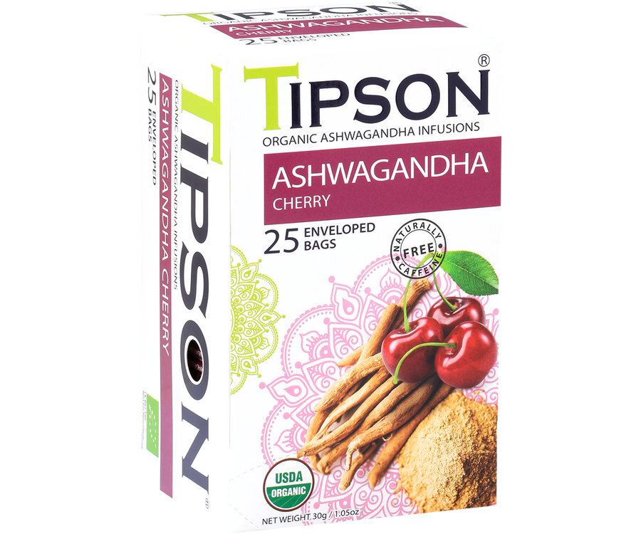 Tipson Organic Ashwagandha With Cherry Infusion Tea, 25 Count Tea Bags