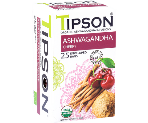 Tipson Organic Ashwagandha With Cherry Infusion Tea, 25 Count Tea Bags