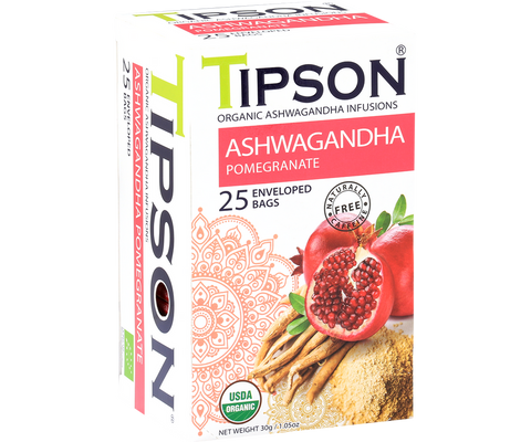 Tipson Organic Ashwagandha With Pomegranate Infusion Tea, 25 Count Tea Bags