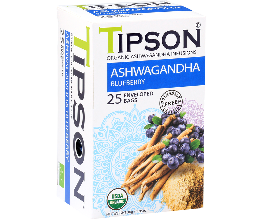 Tipson Organic Ashwagandha With Blueberry Infusion Tea, 25 Count Tea Bags