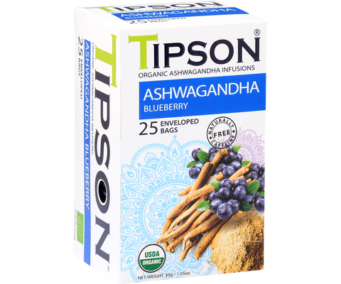 Tipson Organic Ashwagandha With Blueberry Infusion Tea, 25 Count Tea Bags